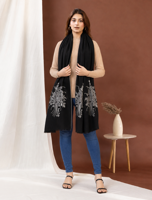 Silver Leaf | Sequin Bouquet Border Stole